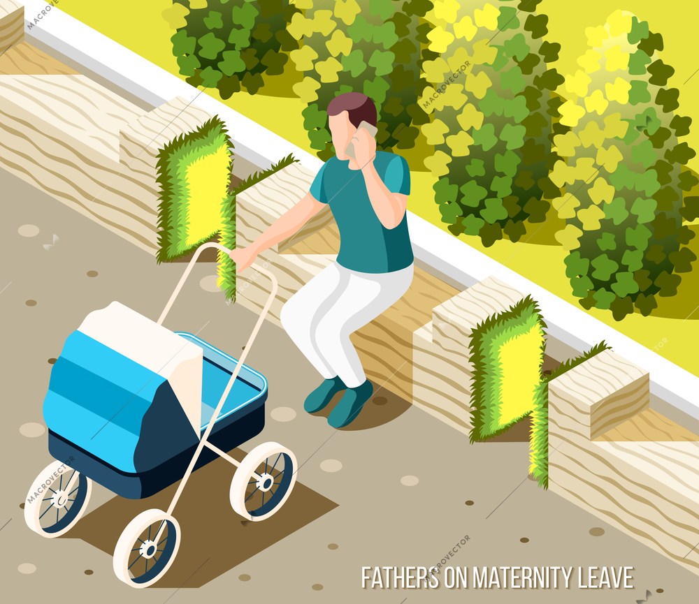 Fathers on maternity leave isometric background with male character sitting on bench in city park rocking baby stroller and speaking by phone vector illustration