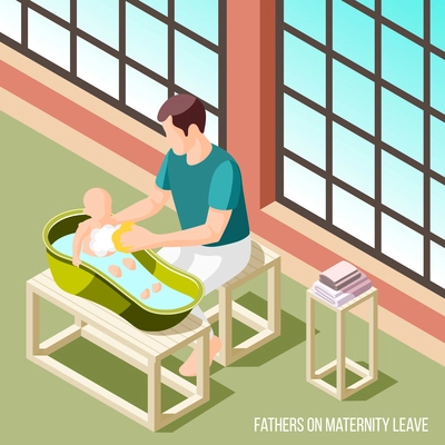 Fathers on maternity leave 3d vector illustration with man washing his child in baby bath in home interior