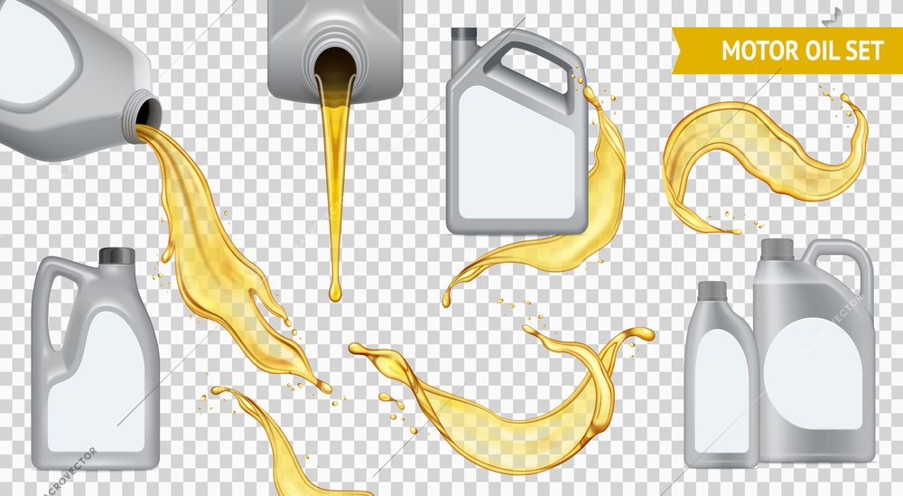 Isolated realistic motor oil transparent icon set jerrycan with yellow oil on transparent background vector illustration