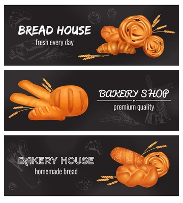 Three horizontal bread bakery realistic banner set with bread house fresh every day bakery shop premium quality and homemade bread headline vector illustration