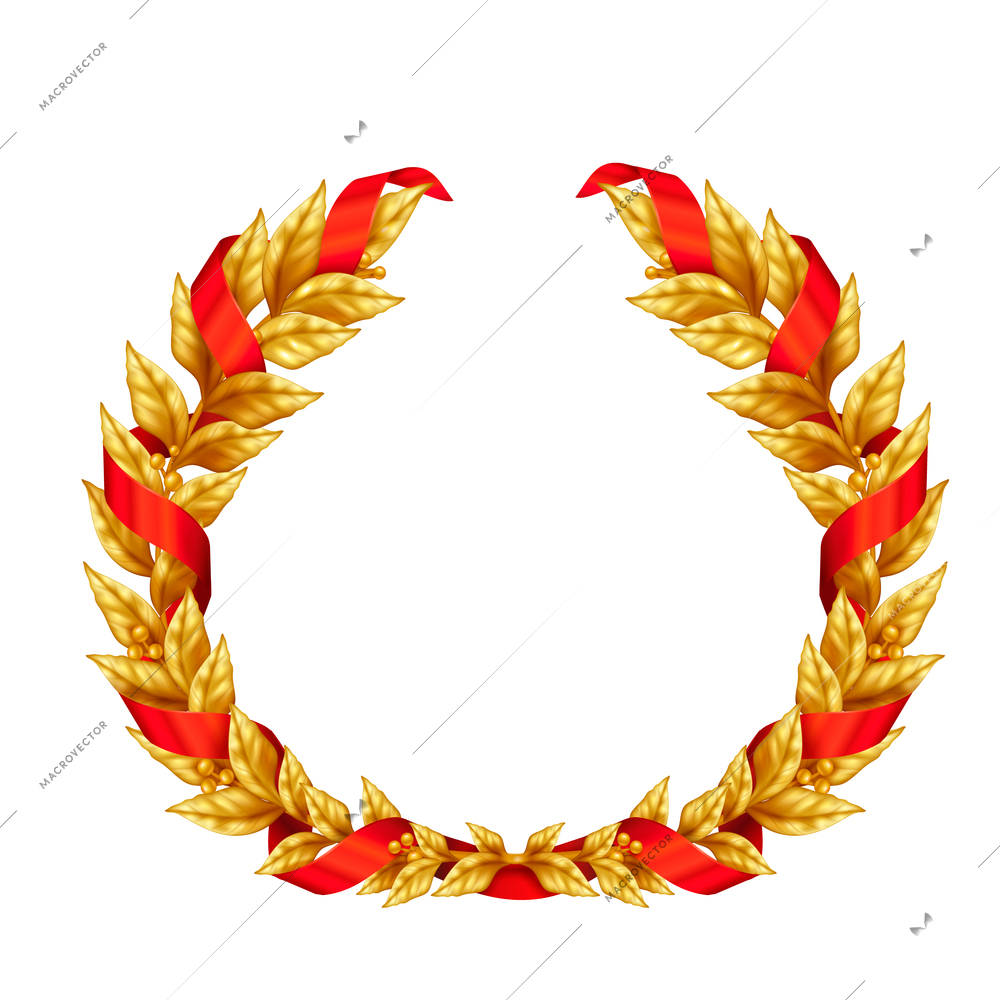 Triumphal golden laurel wreath of winner entwined with red ribbon realistic sign isolated on white background vector Illustration