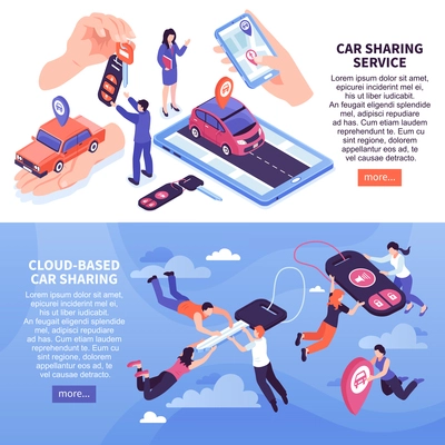 Cloud based car sharing service horizontal banners set 3d isometric isolated vector illustration