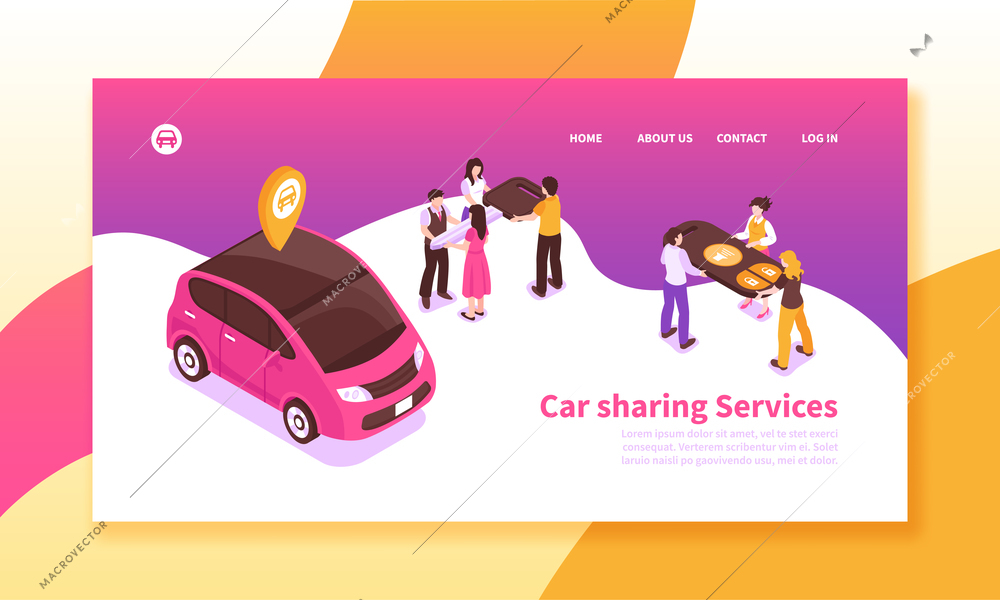 Car pooling service isometric horizontal banner on colorful background with people sharing vehicle 3d vector illustration