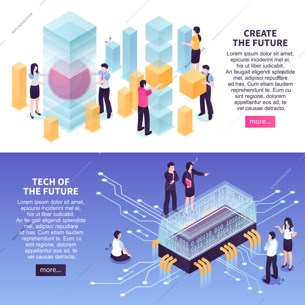 Isometric set of colorful horizontal banners with people and high technologies of future 3d isolated vector illustration