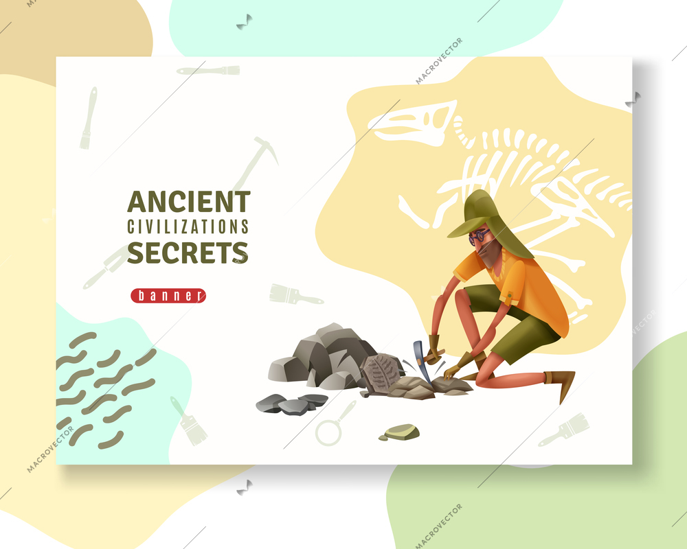 Archeology concept banner with abstract ornaments pictogram silhouettes of digging tools and doodle style human character vector illustration