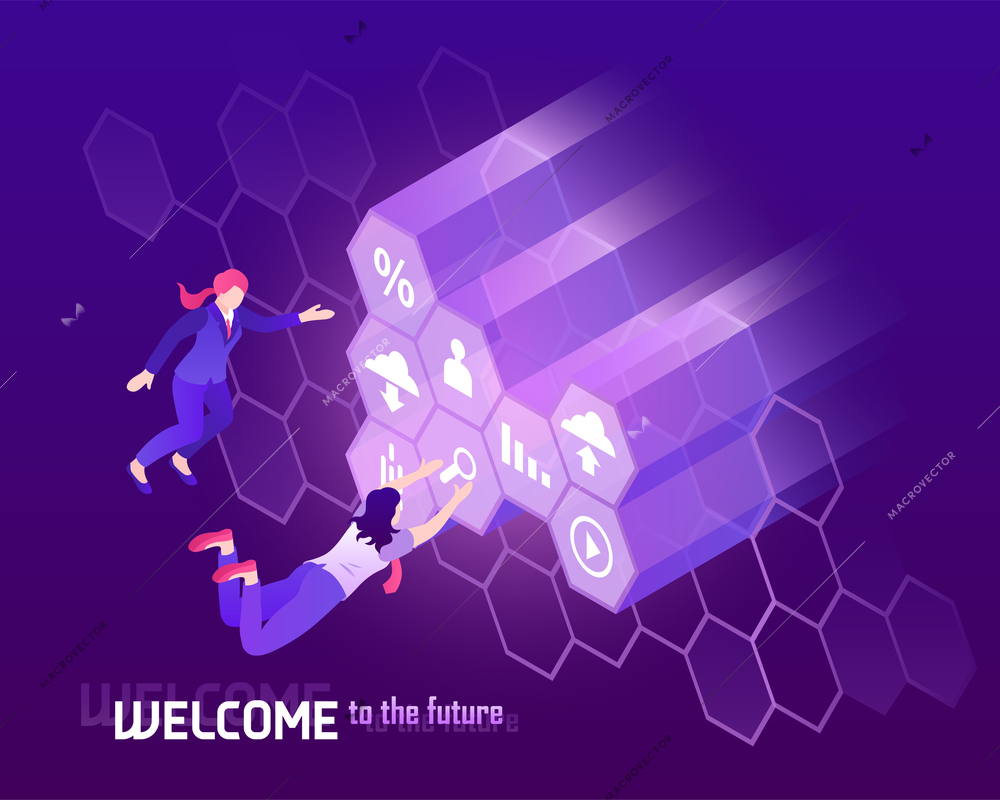 Future high technology background with people in front of big monitor 3d isometric vector illustration