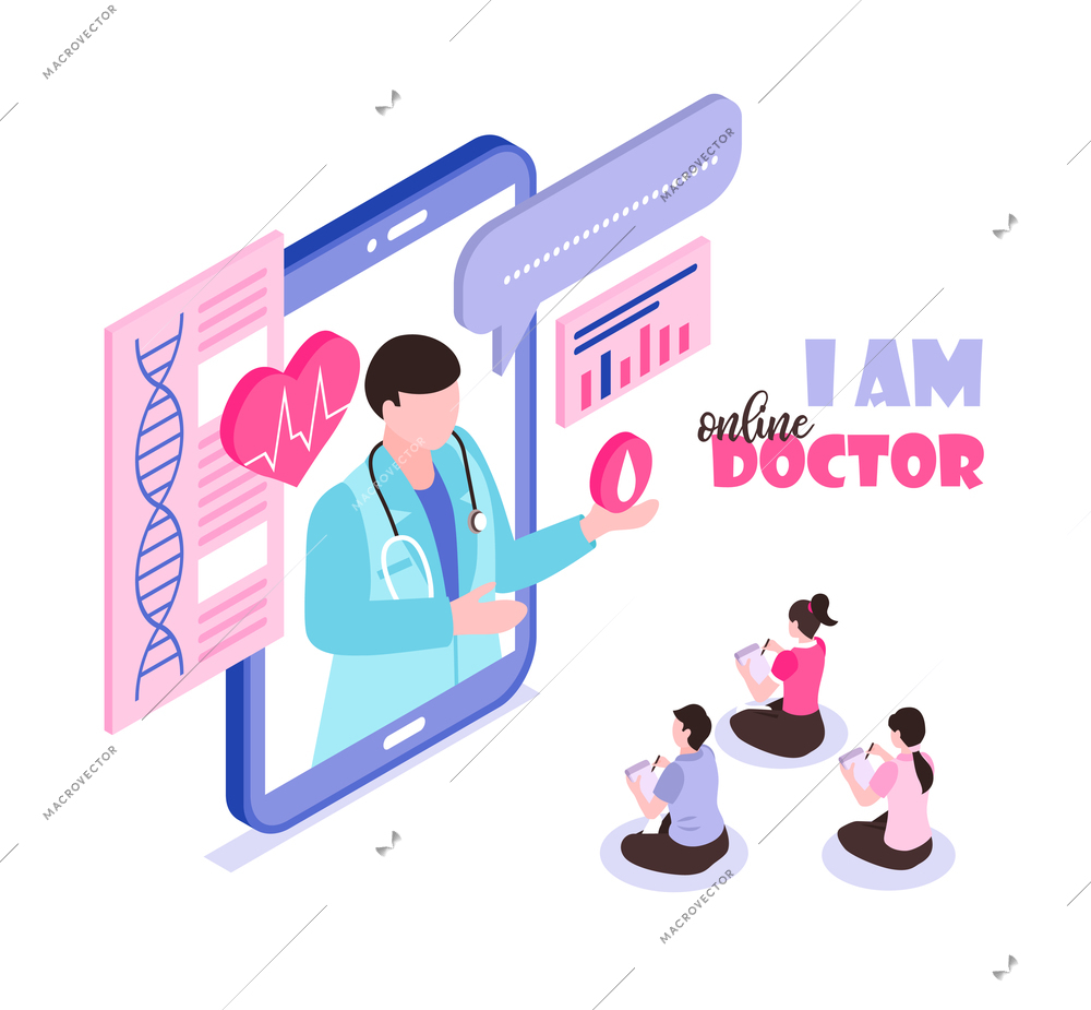 Online medicine concept with people consulting doctor 3d isometric vector illustration