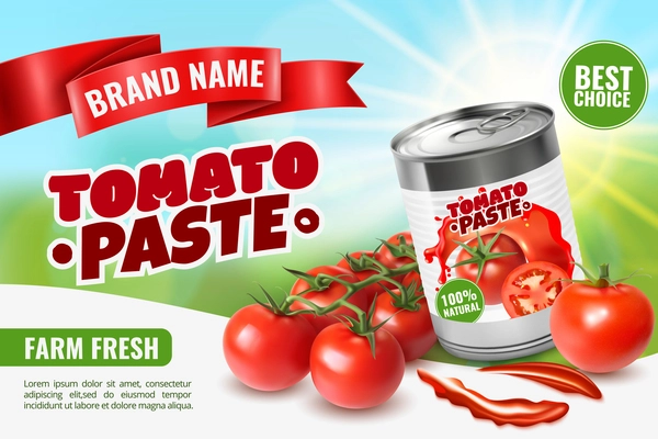 Realistic tomato ads poster with branded metal can container editable text and images of ripe tomatoes vector illustration