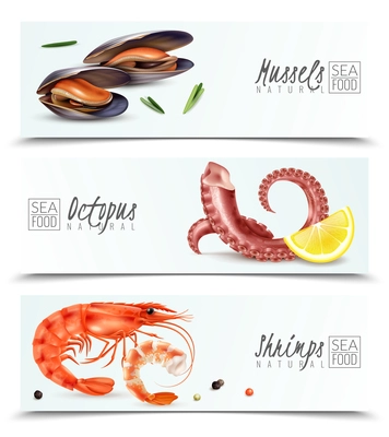 Sustainable seafood choice 3 realistic horizontal banners with mussels shrimps octopus appetizer cocktail ingredients isolated vector illustration