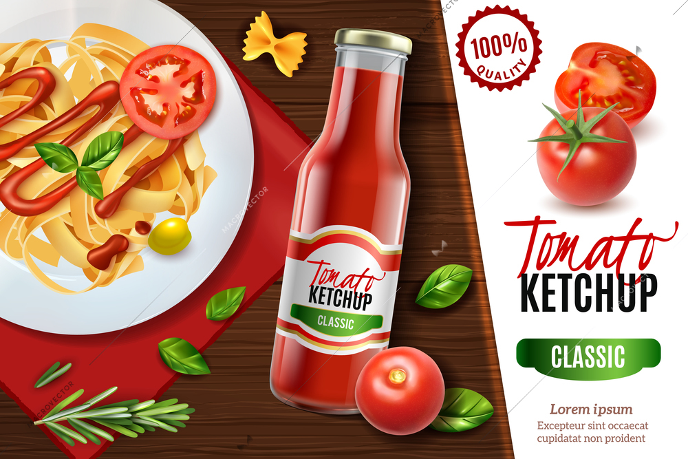 Realistic tomato ketchup advertising poster with view of wooden table and plate of pasta with text vector illustration