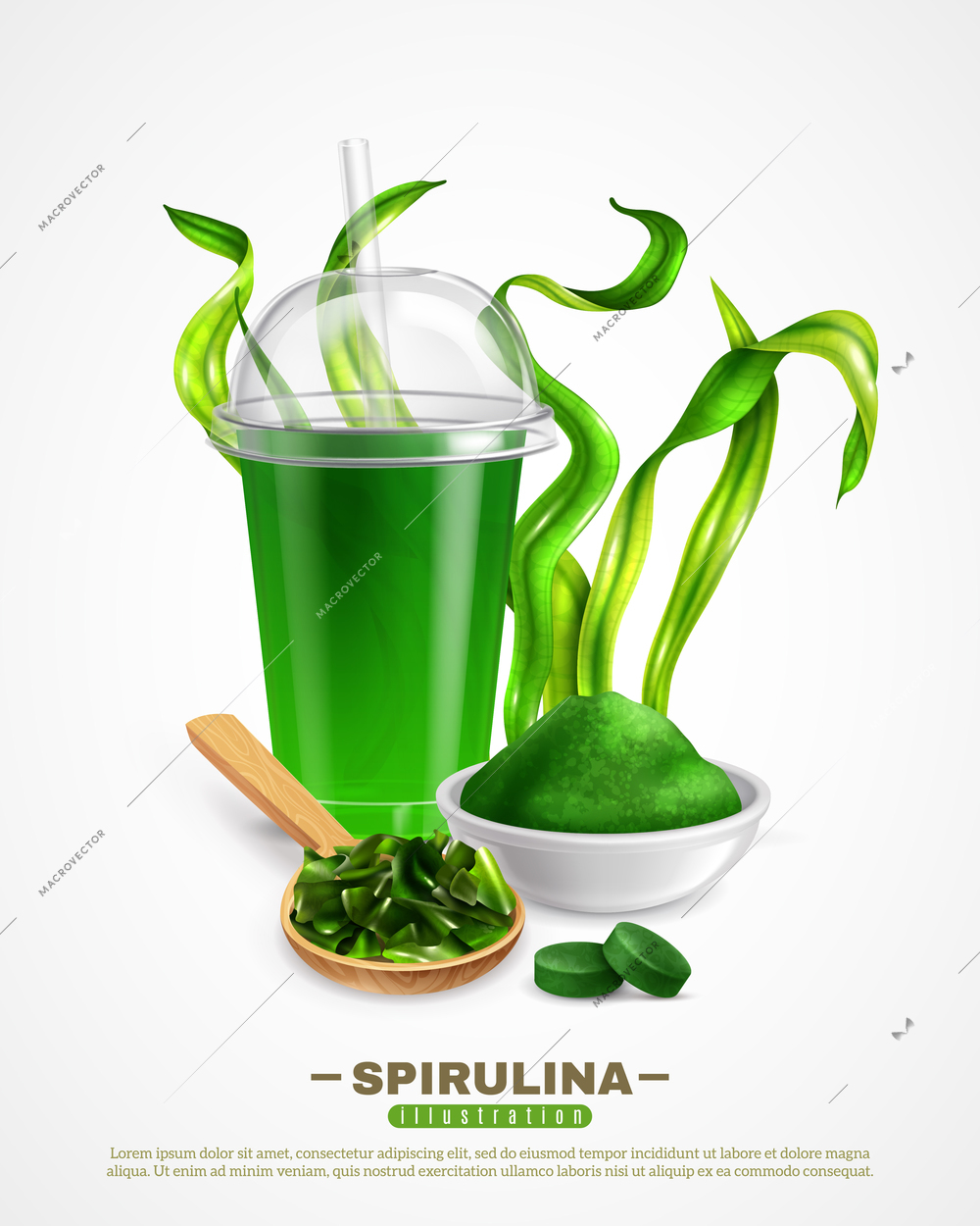 Spirulina supplement white background poster with dried algae powder drink tablets chopped seaweeds realistic composition vector illustration