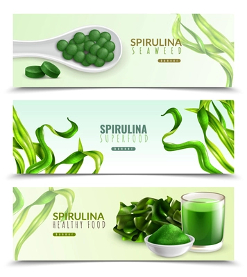 Spirulina supplement healthy food 3 realistic horizontal banners with natural seaweeds powder drink pills tablets vector illustration