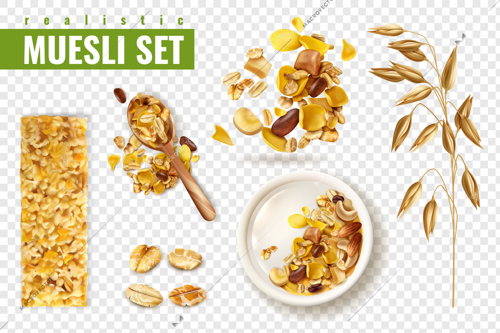 Realistic muesli on transparent background set with isolated images of cereals spreading and bars with text vector illustration