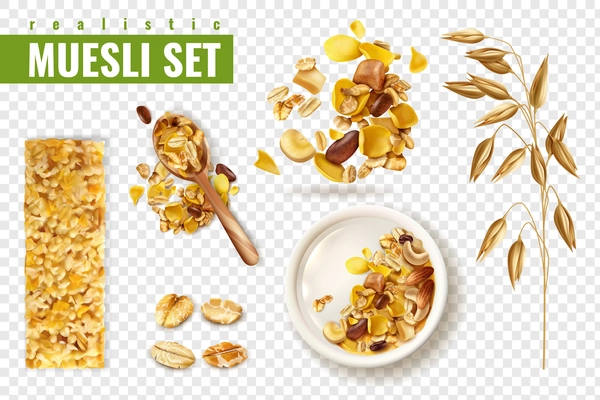 Realistic muesli on transparent background set with isolated images of cereals spreading and bars with text vector illustration