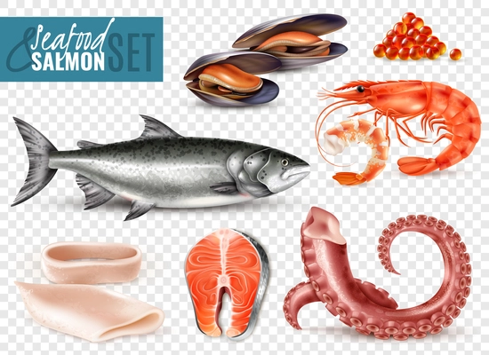 Seafood realistic set with whole fresh salmon shrimps squid slices octopus tentacles mussels transparent background vector illustration