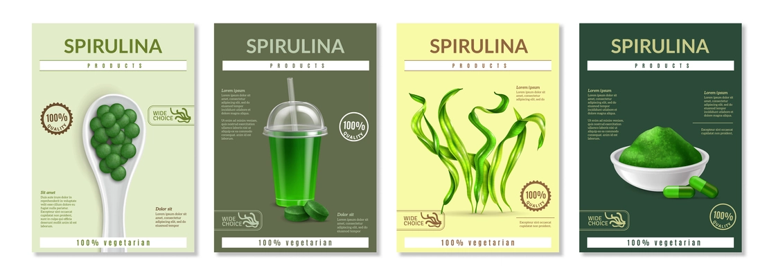 Spirulina health benefits advertising 4 realistic miniposters leaflets with dried seaweed supplements powder pils vector illustration description