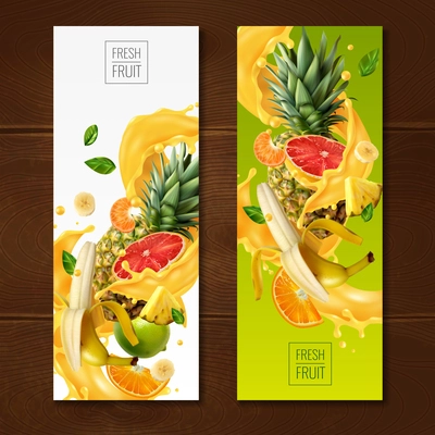 Realistic fruits juice banners collection with compositions of fruit slices and leaves on gradient background vector illustration