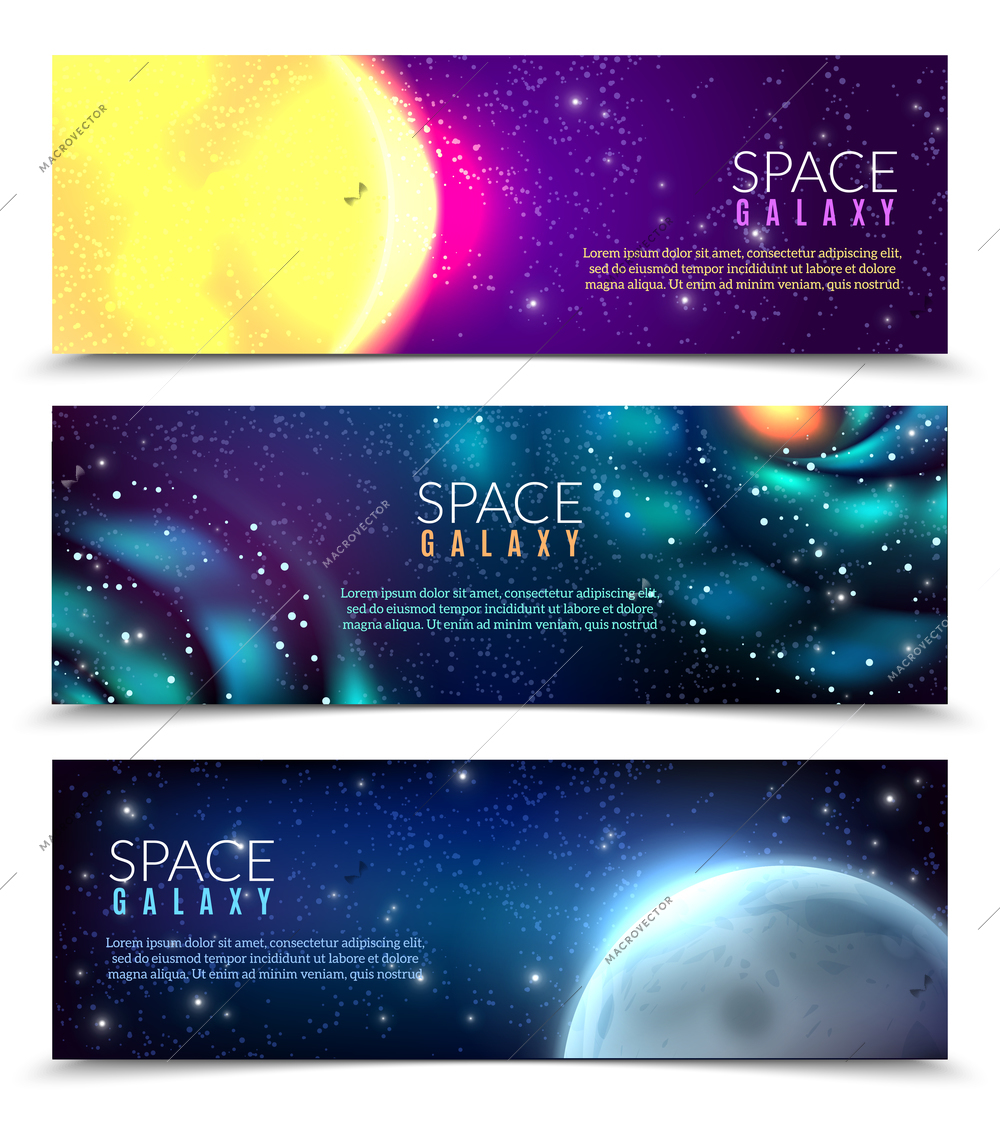 Space stars constellations spiral galaxies  planets 3 horizontal colorful astronomical banners with night sky background vector illustration