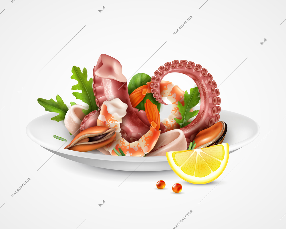 Seafood cocktail serving plate realistic closeup image with shrimps mussels octopus tentacles squid slices rucola vector illustration