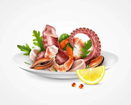 Seafood cocktail serving plate realistic closeup image with shrimps mussels octopus tentacles squid slices rucola vector illustration