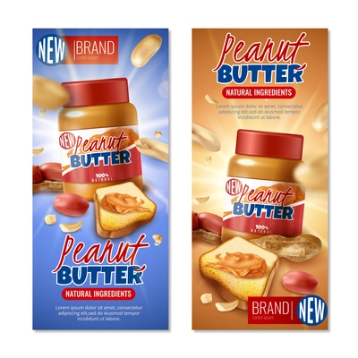 Set of two vertical realistic peanut banners with jars of butter with toast bread and text vector illustration