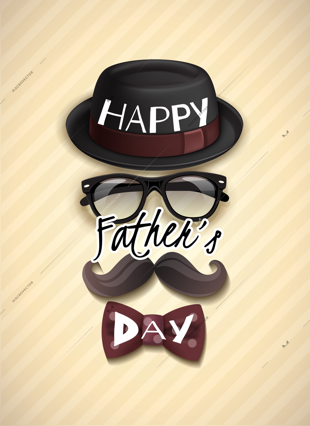 Happy fathers day greeting card with funny vertical composition of hat glasses mustache bow tie vector illustration