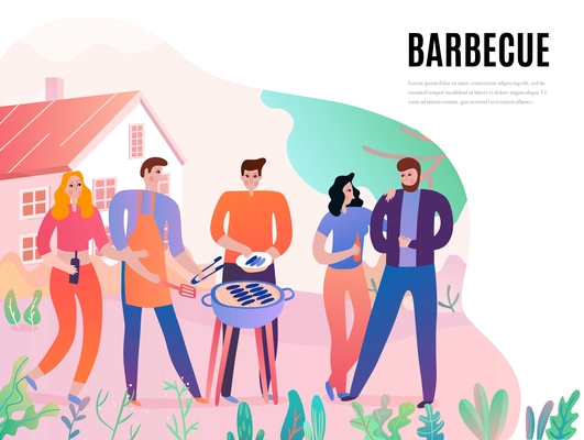 Group of young people with meat products drinks near grill equipment during bbq party flat vector illustration