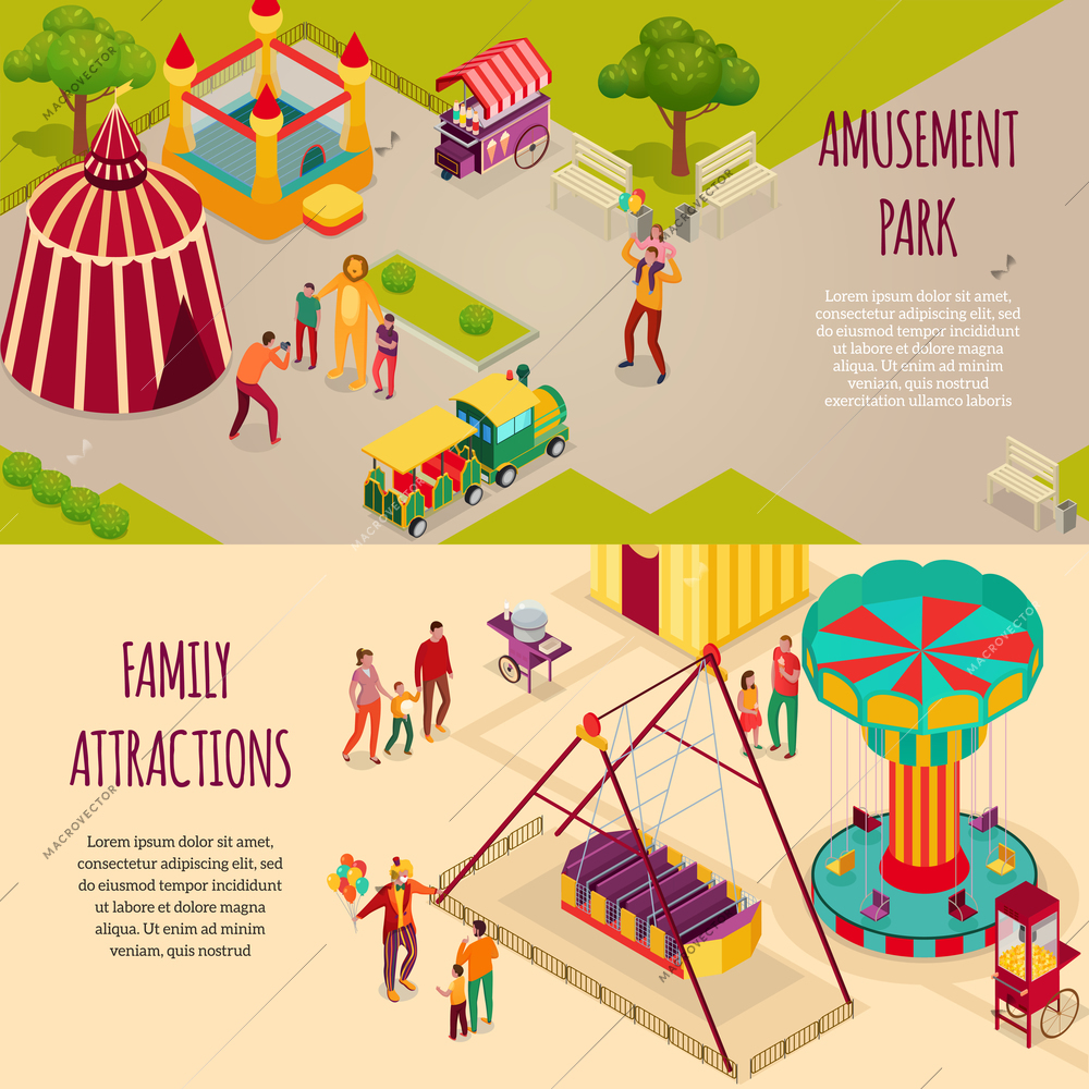 Amusement park circus artists and family attractions set of horizontal isometric banners isolated vector illustration