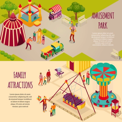 Amusement park circus artists and family attractions set of horizontal isometric banners isolated vector illustration