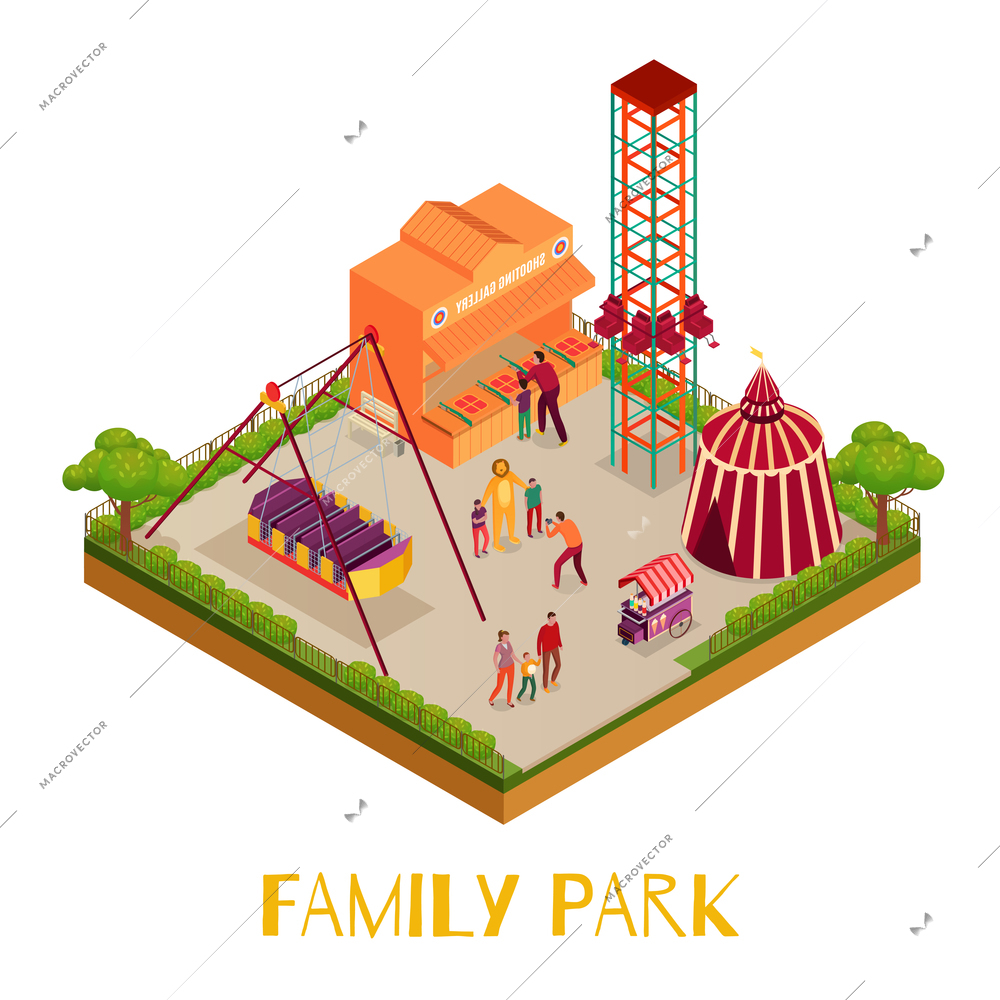 Family park with adults and kids circus marquee attractions shooting gallery on white background isometric vector illustration