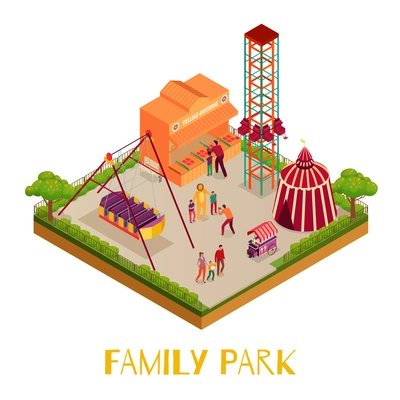 Family park with adults and kids circus marquee attractions shooting gallery on white background isometric vector illustration