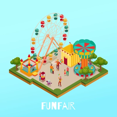 Fun fair with visitors circus performance and attractions on blue background isometric vector illustration