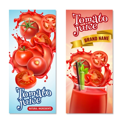 Realistic tomato juice vertical banners set with splashes of red liquid and whole fruits with text vector illustration