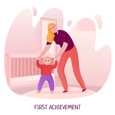 Mom helping baby during first steps on background of kid room interior flat vector illustration