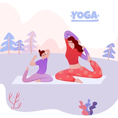 Mom with daughter on mat during yoga exercises on nature background flat vector illustration