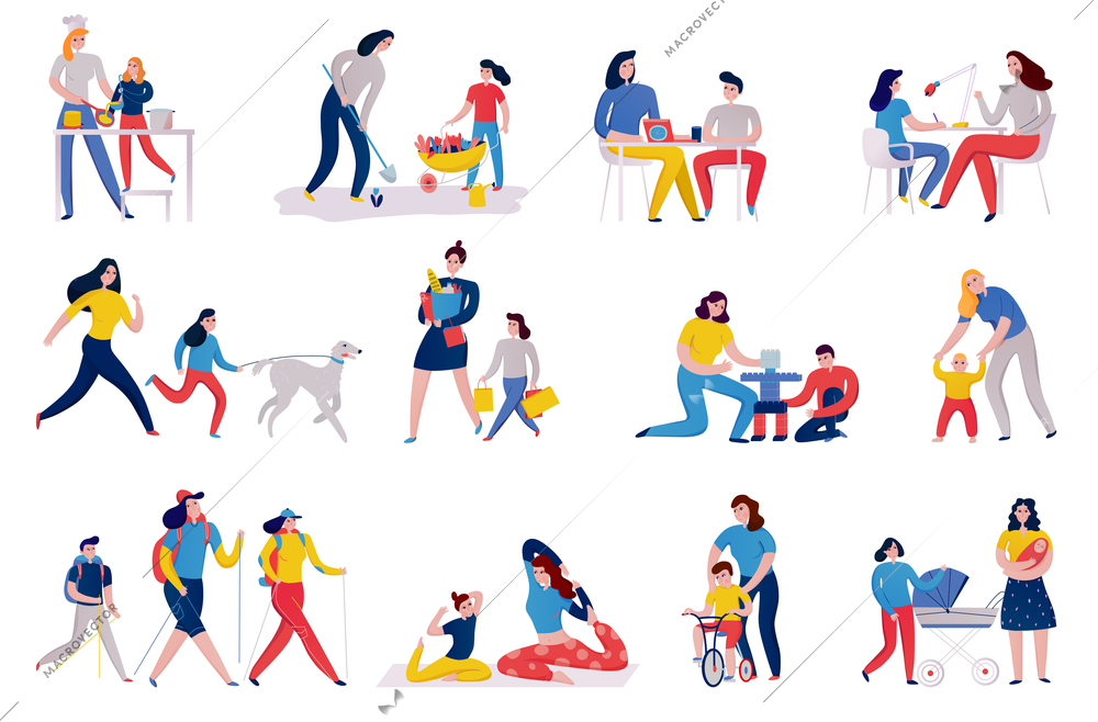 Set of icons mother and kids during planting flower cooking shopping and yoga exercises isolated vector illustration