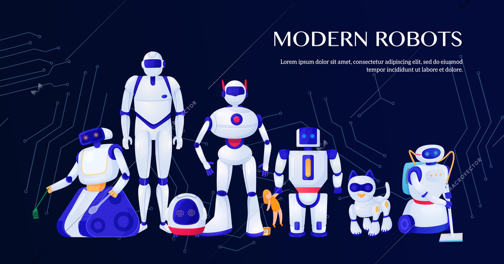 Set of modern robots on dark background with integrated circuit elements vector illustration