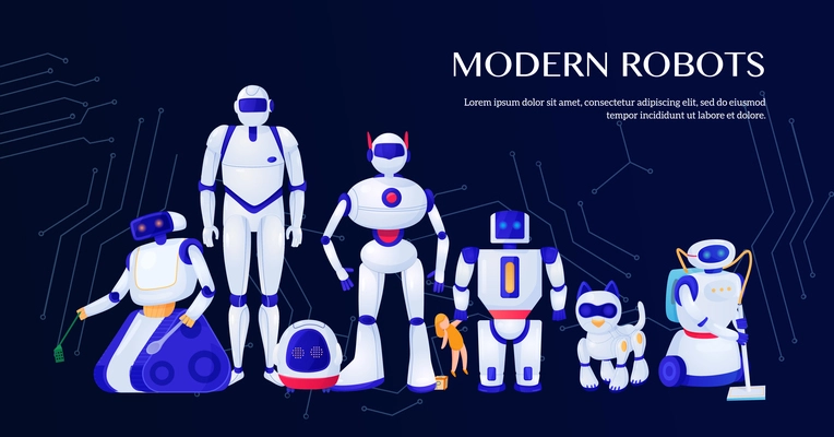 Set of modern robots on dark background with integrated circuit elements vector illustration