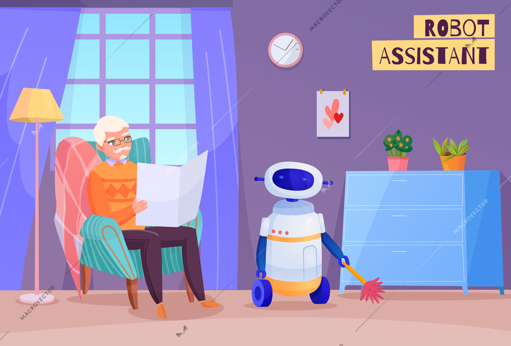 Elderly man in chair during reading and robot helper in home interior vector illustration