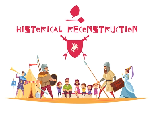 Historical reconstruction concept with ancient warriors and weapons flat vector illustration