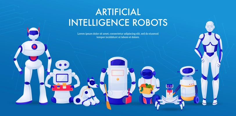 Set of machines artificial intelligence robots pets and household assistants horizontal banner on blue background vector illustration