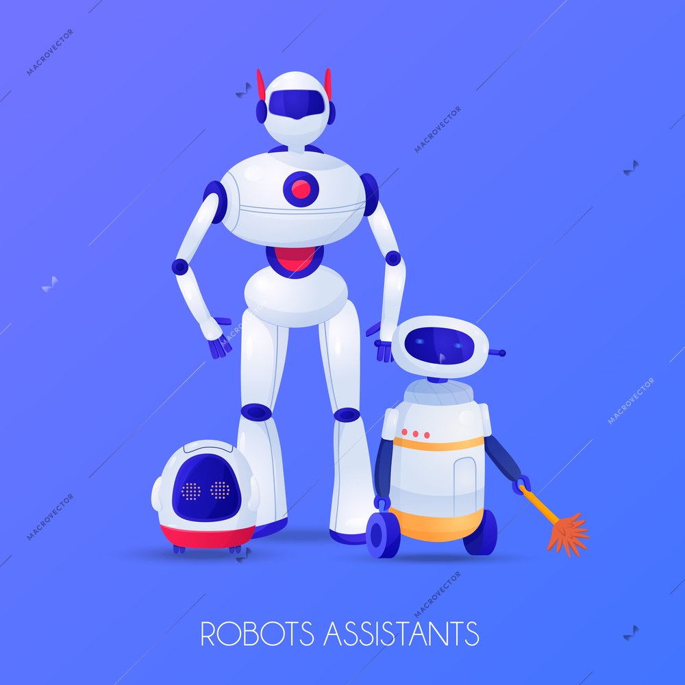 Robots assistants of various shape for different purposes on violet background vector illustration