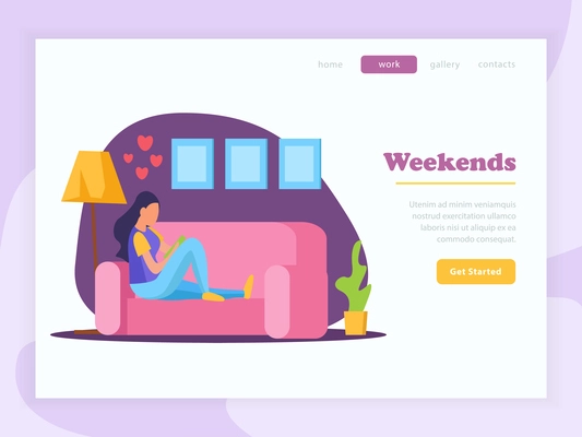 Lazy weekends people flat banner with weekends headline woman reed the book on couch and get started button vector illustration