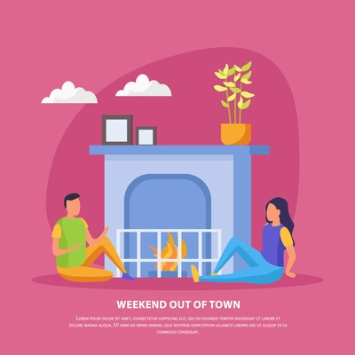 Lazy weekends people flat background with weekend out of town description and romantic date of couple vector illustration