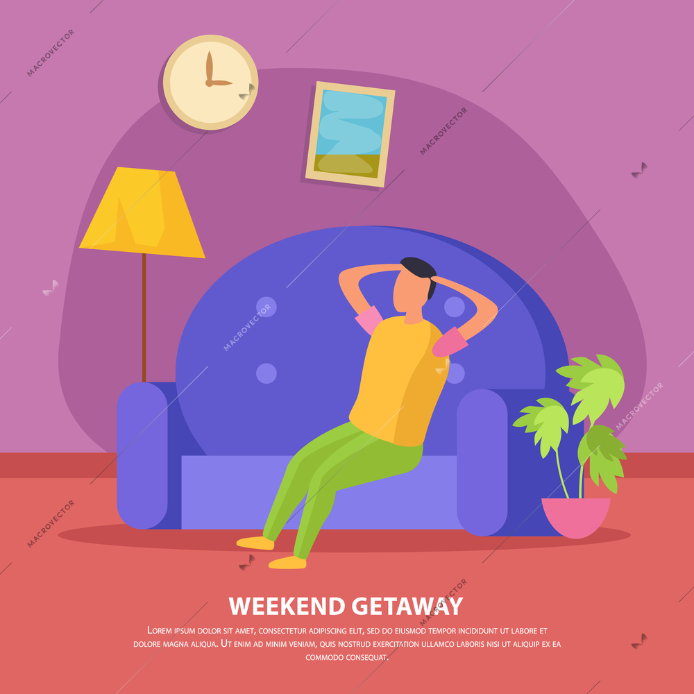 Flat lazy weekends people composition with weekend getaway description and man sit on the couch vector illustration