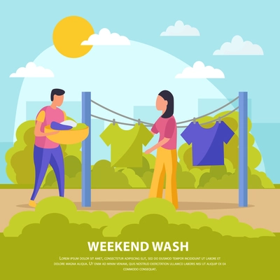 Flat colored lazy weekends people composition with weekend wash man and woman hang laundry vector illustration