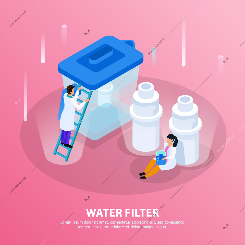 Water purification isometric background with water filter headline and scientists at the lab vector illustration