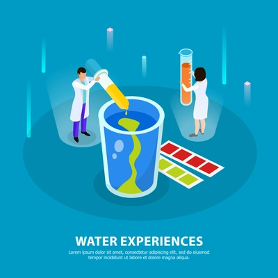 Water purification isometric composition with water experiences headline and two people at the lab vector illustration