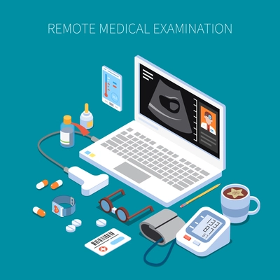 Remote medical examination isometric composition with human organ ultrasound on laptop screen and medicine devices vector illustration