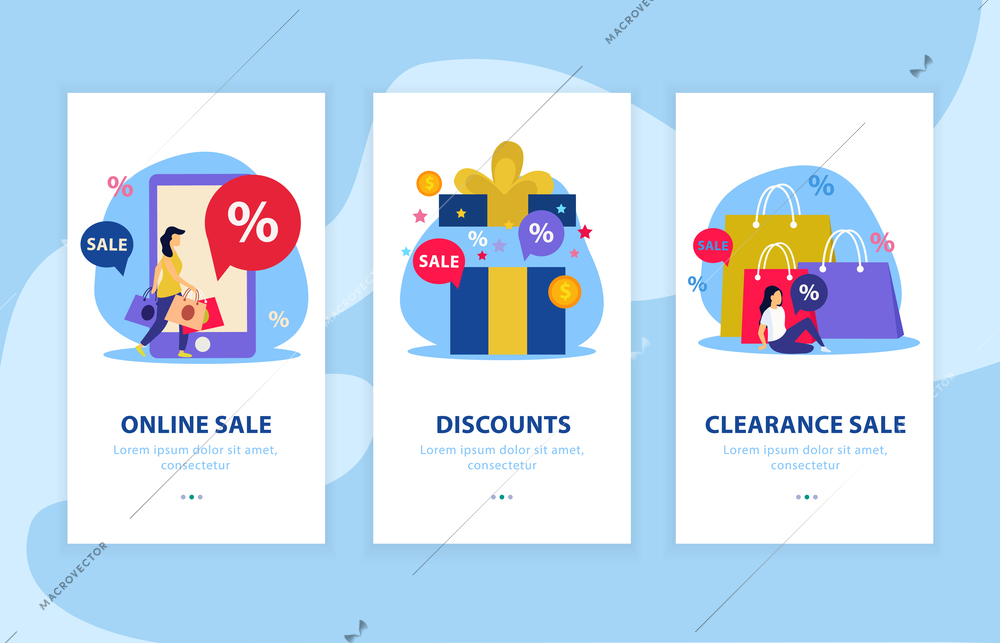 Great sale flat landing page with three elements or banner set with online and clearance sale discounts descriptions vector illustration